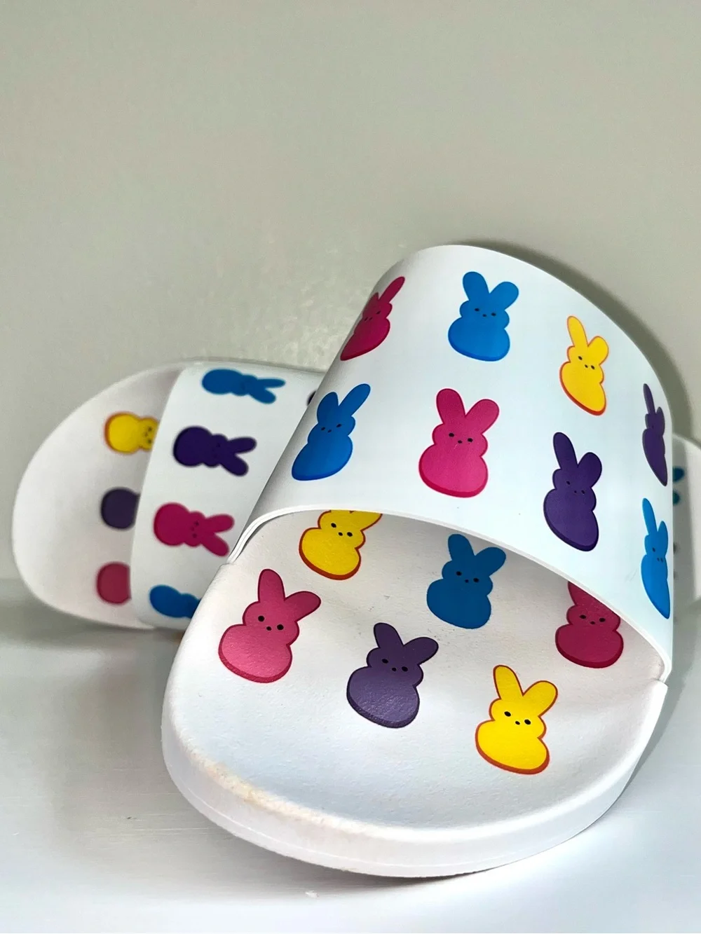 Katy Perry Collections X Peeps Bunny Slides Sandals Round Toe Wht/Mul EUC SZ 11